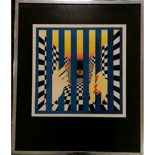 107 - Mixed media surreal picture of hands & cats eye behind bars - frame 53cm x 63cm