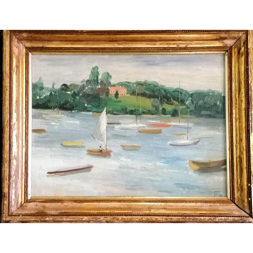 108 - Oil painting on canvas of boats on estuary signed with monogram - frame 48cm x 38cm - loose in the f... 