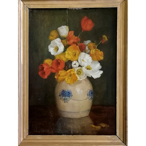 109 - A Vernon Godbold Continental still life painting of flowers in a vase on wooden panel - frame 32.5cm... 