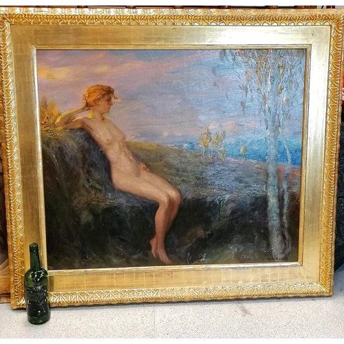 112 - Max Friedrich Ferdinand Rabes (1868-1944) large oil on canvas of a seated nude in a countryside scen... 