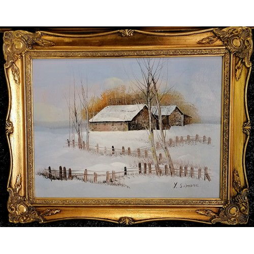 114 - Y Simone 2 x oil paintings on canvas of winter scenes - largest frame 46cm x 56.5cm