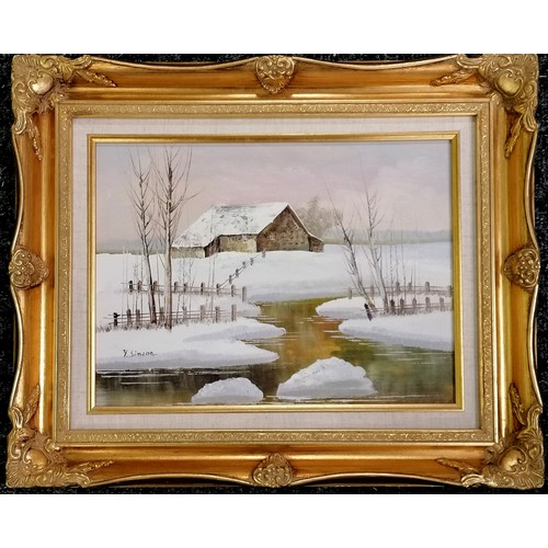 114 - Y Simone 2 x oil paintings on canvas of winter scenes - largest frame 46cm x 56.5cm