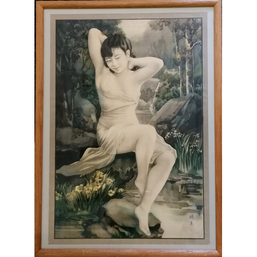 115 - Japanese C1930 framed  poster of semi nude figure in a woodland setting - 86cm x 63cm