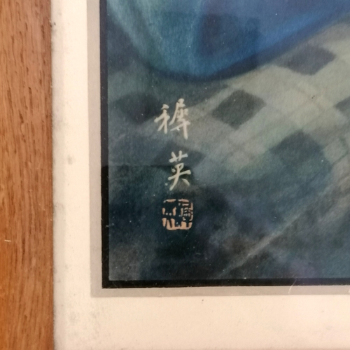 118 - Japanese C1930 framed poster  of semi reclining nude on a blue cloth - 85cm x 60cm