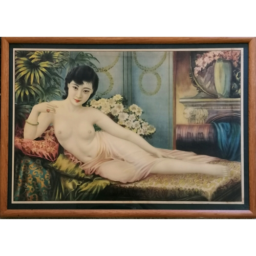 119 - Japanese C1930 framed poster of semi nude reclining female with flowers - 86cm x 61cm