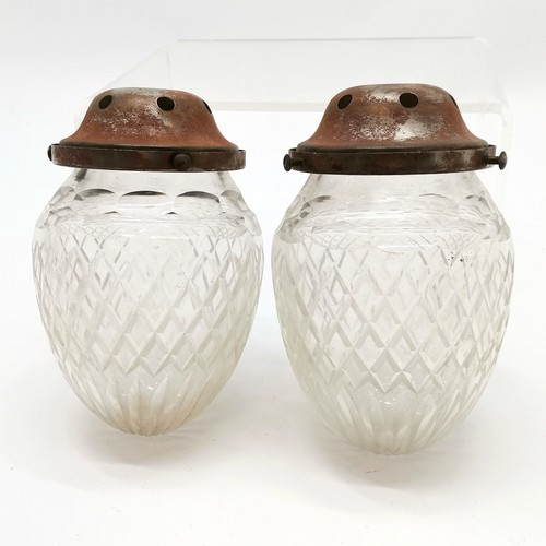 180 - 2 antique cut glass ceiling light fittings with screw on metal galleries total drop 19cm