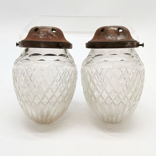 180 - 2 antique cut glass ceiling light fittings with screw on metal galleries total drop 19cm