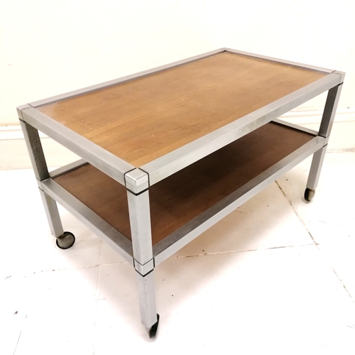 183 - 2 tier teak and chrome low side table on castors - 71.5cm x 41cm x 43cm high
