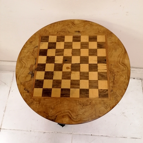 198 - Antique circular topped games table on tripod base - 50cm diameter x 75cm high