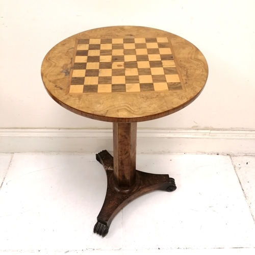 198 - Antique circular topped games table on tripod base - 50cm diameter x 75cm high