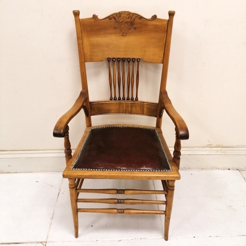 200 - American satinwood armchair with oxblood leather seat - 56cm x 47cm deep x 104cm high
