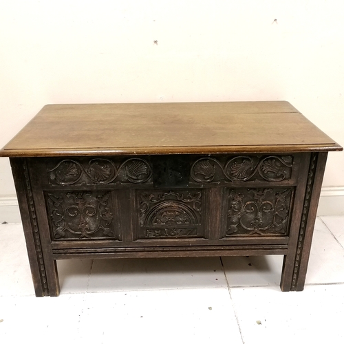 201 - Antique coffer with earlier carved panels dated - 120cm x 61cm x 66cm