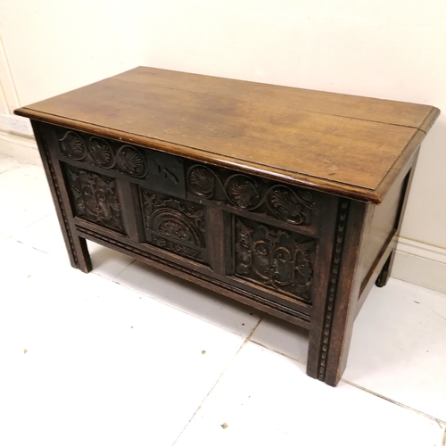201 - Antique coffer with earlier carved panels dated - 120cm x 61cm x 66cm