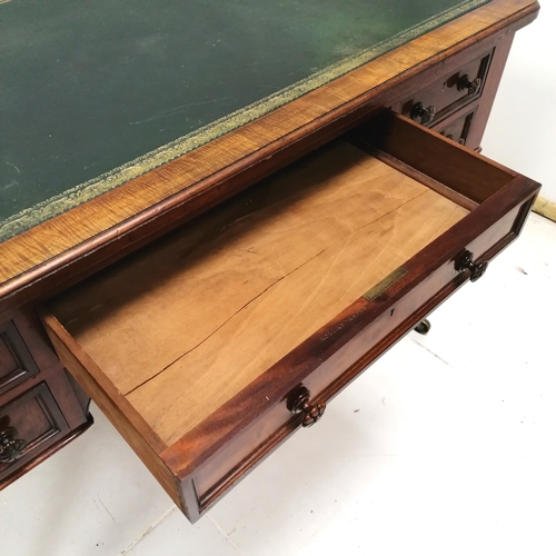 206 - Holland and Sons antique mahogany desk with original green tooled leather top on reeded legs termina... 