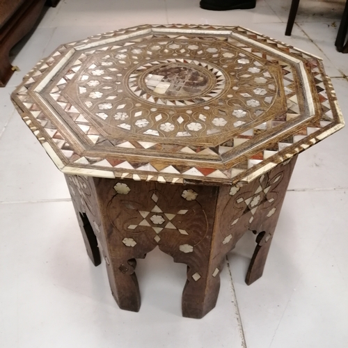208 - Antique mother of pearl inlaid folding hexagonal topped table - some losses - 46cm diameter x 39cm h... 