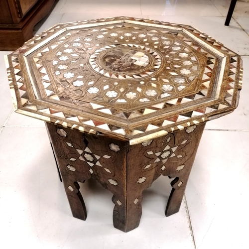 208 - Antique mother of pearl inlaid folding hexagonal topped table - some losses - 46cm diameter x 39cm h... 