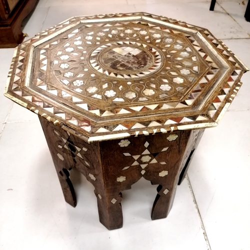 208 - Antique mother of pearl inlaid folding hexagonal topped table - some losses - 46cm diameter x 39cm h... 