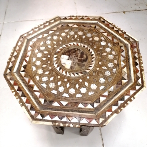 208 - Antique mother of pearl inlaid folding hexagonal topped table - some losses - 46cm diameter x 39cm h... 