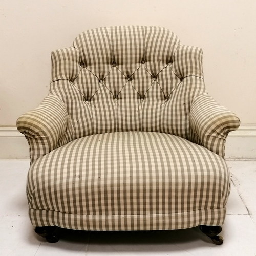 210 - Antique button back wing armchair upholstered in cream check fabric - 80cm wide x 54cm deep x 67cm h... 