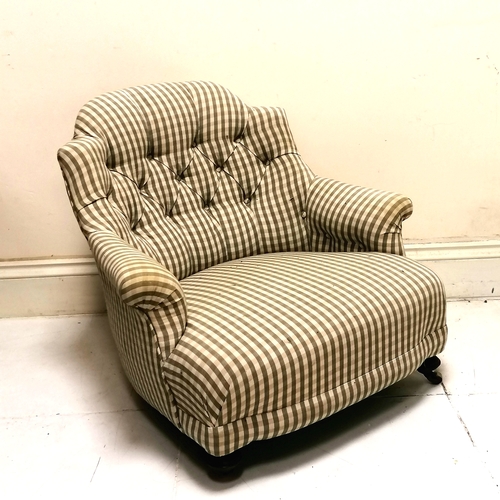 210 - Antique button back wing armchair upholstered in cream check fabric - 80cm wide x 54cm deep x 67cm h... 