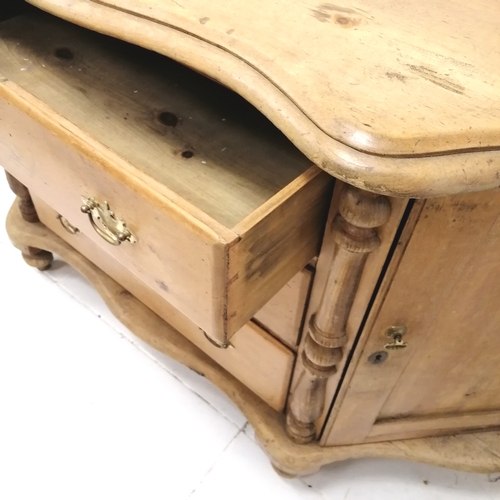 215 - Unusual antique pine sideboard with serpentine front on bun feet - 152cm x 55cm x 85cm