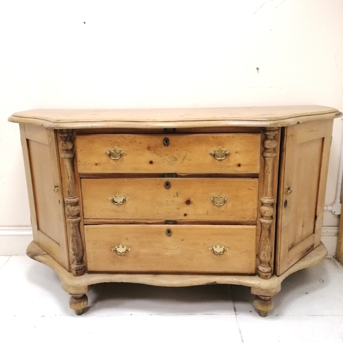 215 - Unusual antique pine sideboard with serpentine front on bun feet - 152cm x 55cm x 85cm