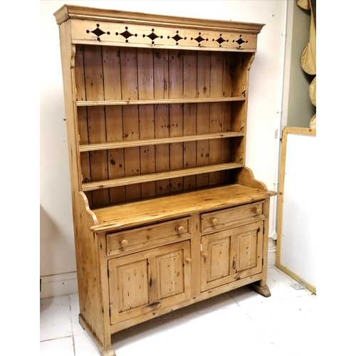 218 - Pine dresser with 2 door cupboard and drawer base constructed in one piece - 148cm x 46cm x 204cm