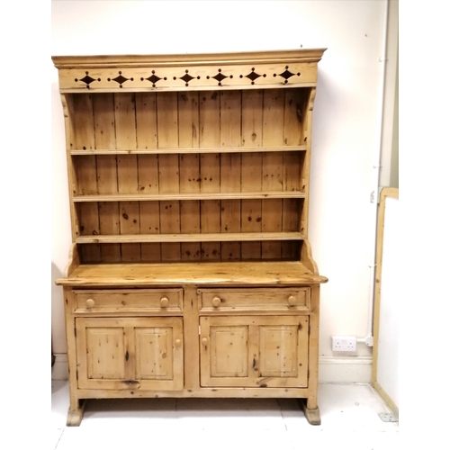 218 - Pine dresser with 2 door cupboard and drawer base constructed in one piece - 148cm x 46cm x 204cm