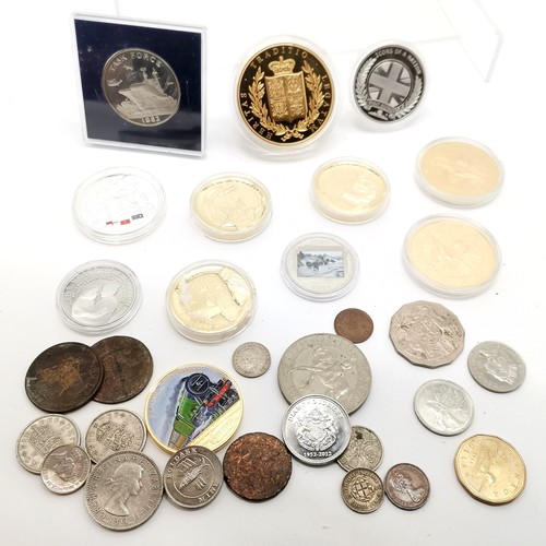 223 - Qty of coins / medallions inc Gibraltar crown & half crown etc