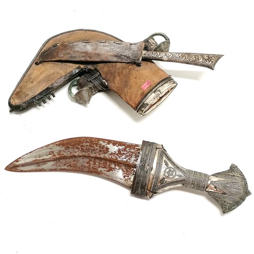 225 - Middle Eastern jambiya with unmarked foreign silver detail - 32cm and rusty blade 17cm long