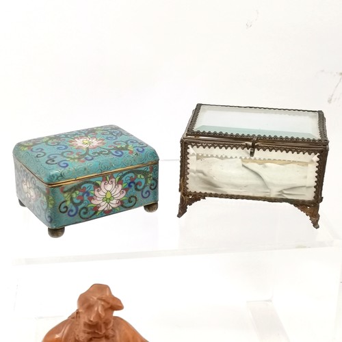 229 - Qty of misc inc 2 x Chinese enamel boxes (slight loss to hinge lidded box), Oriental carved figure (... 