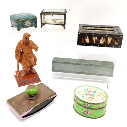229 - Qty of misc inc 2 x Chinese enamel boxes (slight loss to hinge lidded box), Oriental carved figure (... 
