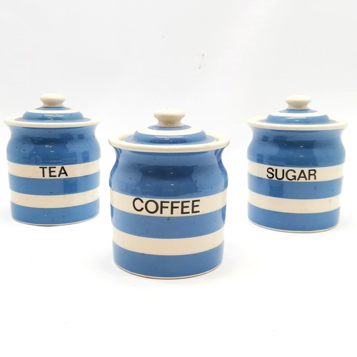 233 - 3 x T G Green Cornishware blue & white lidded storage jars - Coffee / Tea / Sugar - 17cm high& no ob... 