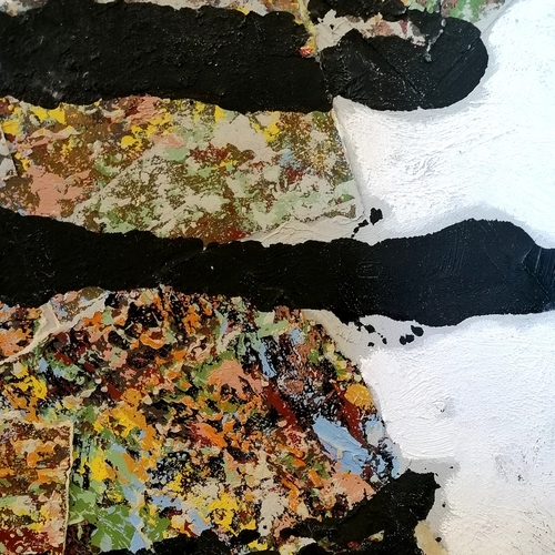 55 - John Percy Abstract mixed media painting on board title 'Entropic Garden' signed to the reverse 92cm... 