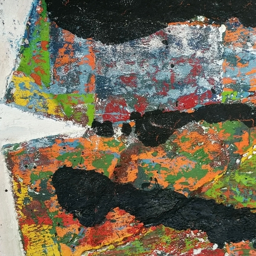 55 - John Percy Abstract mixed media painting on board title 'Entropic Garden' signed to the reverse 92cm... 