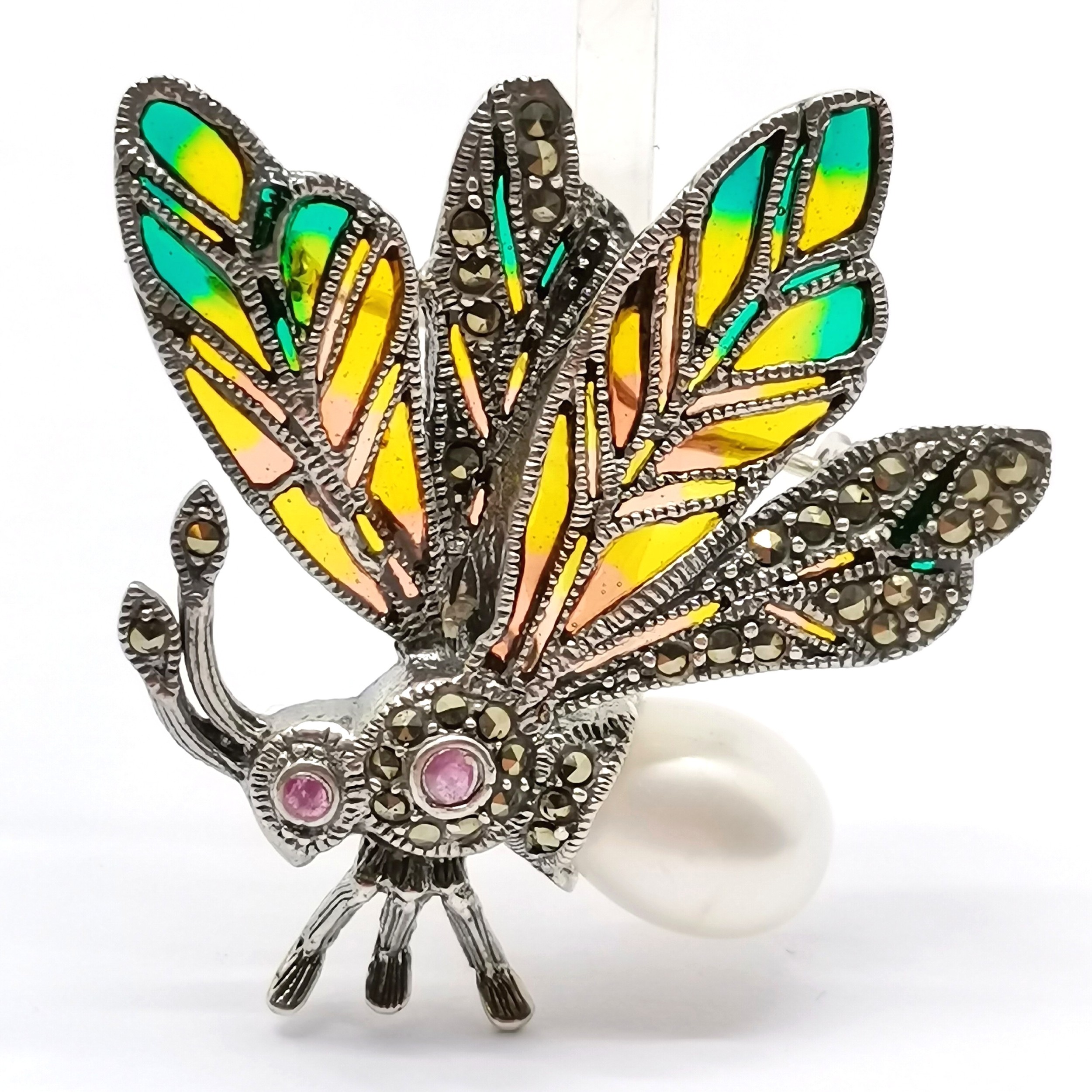 2 x silver plique a jour brooches - small locust (3cm) & moth with ruby ...