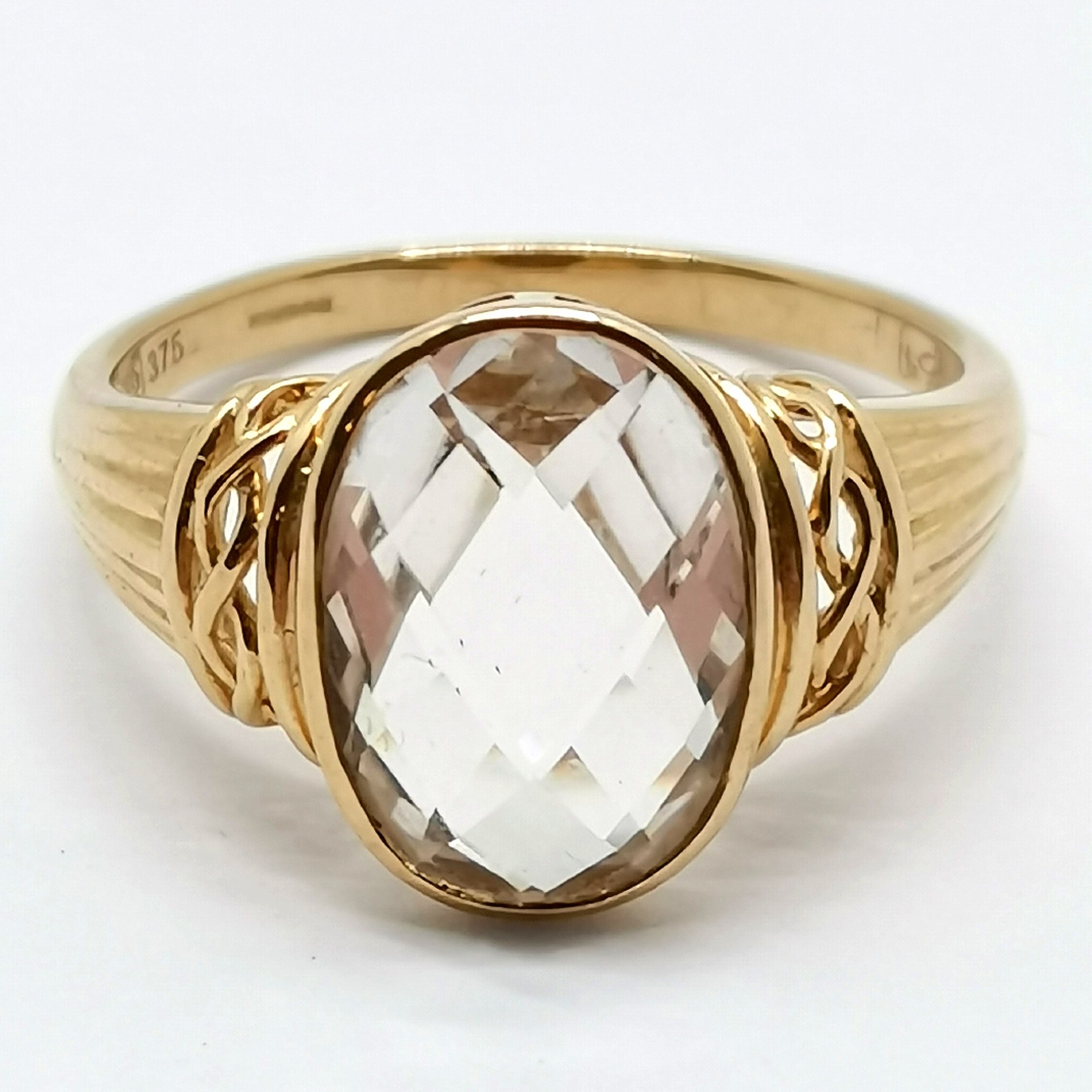 9ct hallmarked gold designer ring set with facet cut white quartz ...
