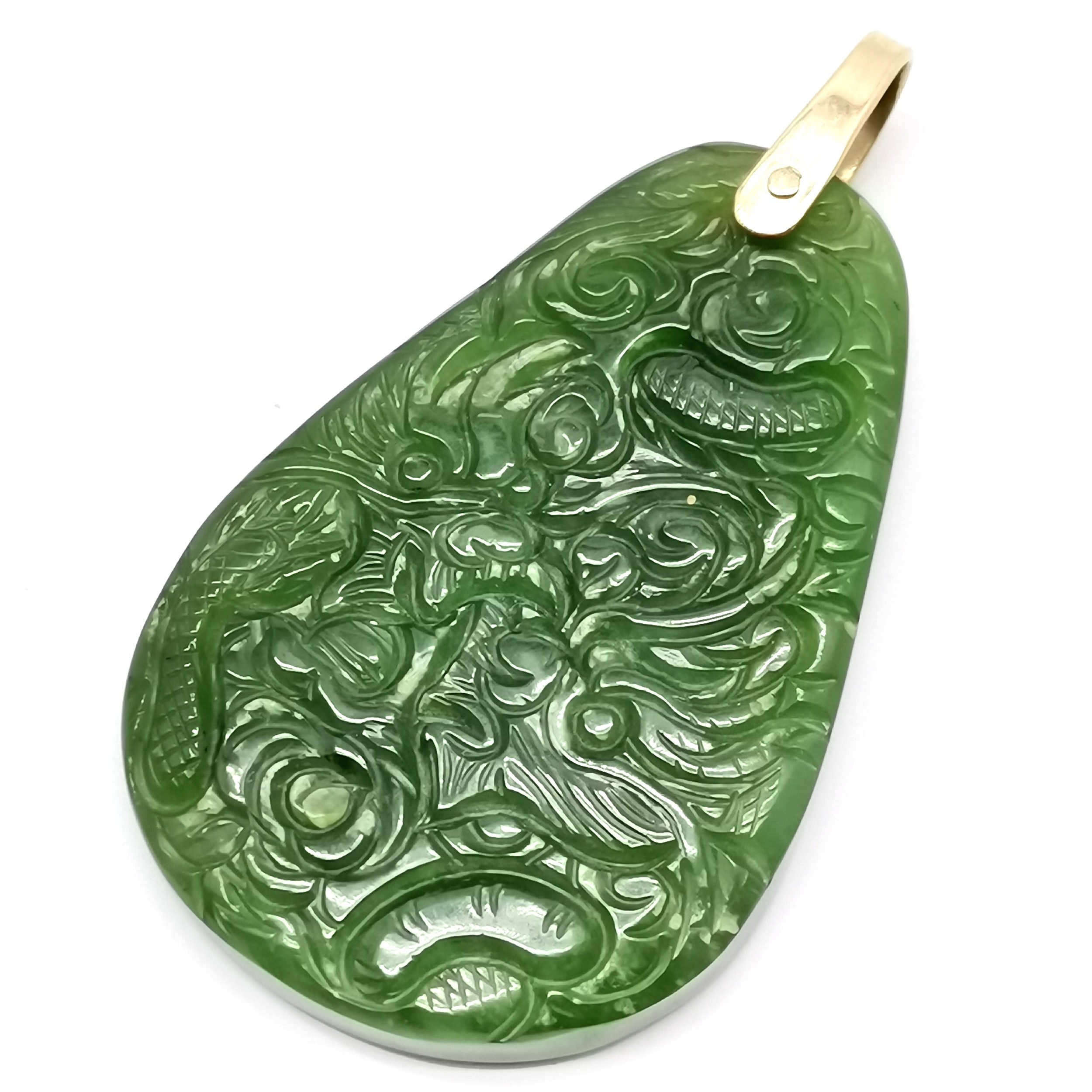 9ct hallmarked gold mounted carved nephrite jade panel by AJF - depicts ...
