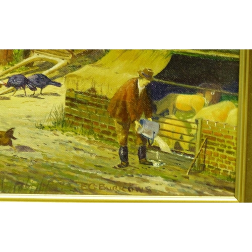 172 - EC Burrows Modern Oil on Board of farmyard scene, signed, in gilt frame, 39cm x 50cm