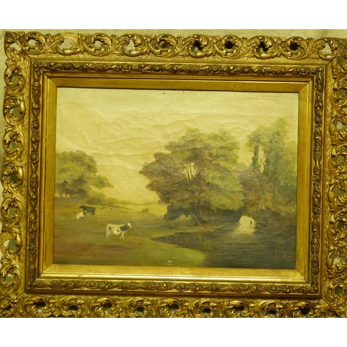 174 - A 19th Century Oil on Canvas depicting cattle near wooded river landscape, unsigned, in gilt frame, ... 