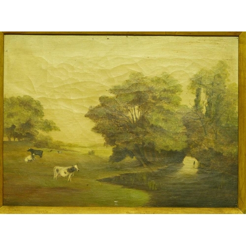 174 - A 19th Century Oil on Canvas depicting cattle near wooded river landscape, unsigned, in gilt frame, ... 