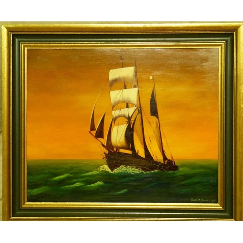 176 - Olive M Highet Colourful Marine Oil on Board depicting sailing boat, signed and dated 1971, in gilt ... 