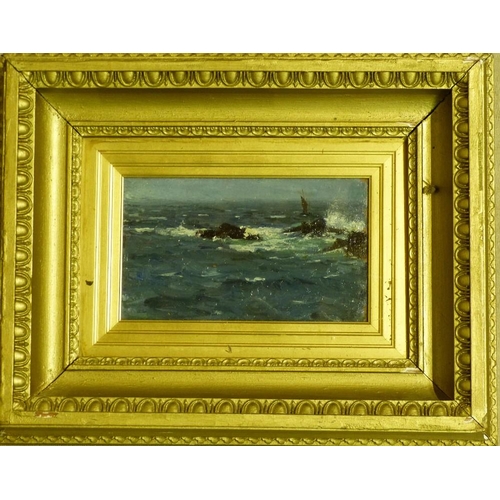 177 - A Marine Oil on Panel depicting waves breaking on rocks with sailing boat in distance, unsigned, in ... 