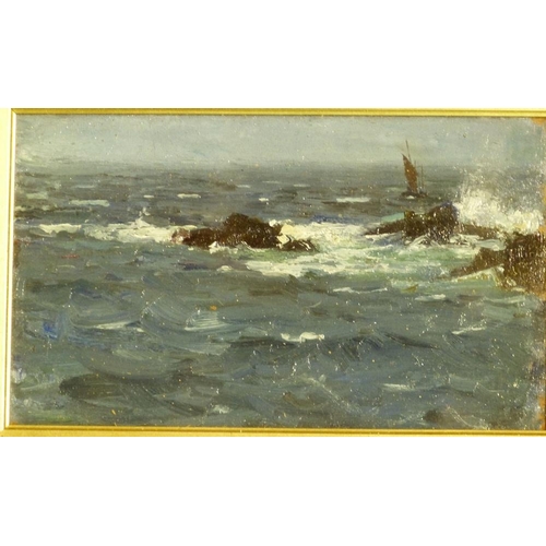 177 - A Marine Oil on Panel depicting waves breaking on rocks with sailing boat in distance, unsigned, in ... 