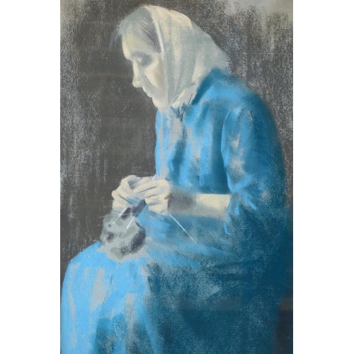 187 - Jacob Kramer Charcoal 3/4 Length Portrait of a seated lady in blue dress knitting, signed in gilt fr... 