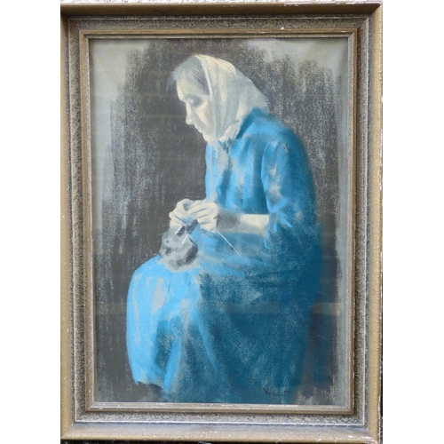 187 - Jacob Kramer Charcoal 3/4 Length Portrait of a seated lady in blue dress knitting, signed in gilt fr... 