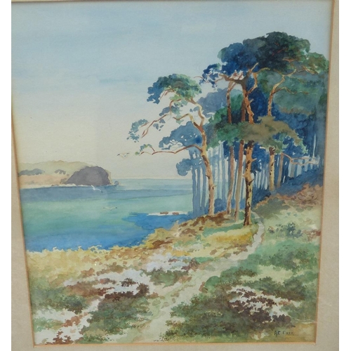 190 - A E Cook Watercolour depicting bay from wooded hilltop, signed, in oak frame, 33cm x 25cm