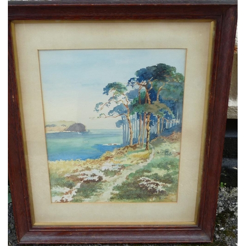 190 - A E Cook Watercolour depicting bay from wooded hilltop, signed, in oak frame, 33cm x 25cm