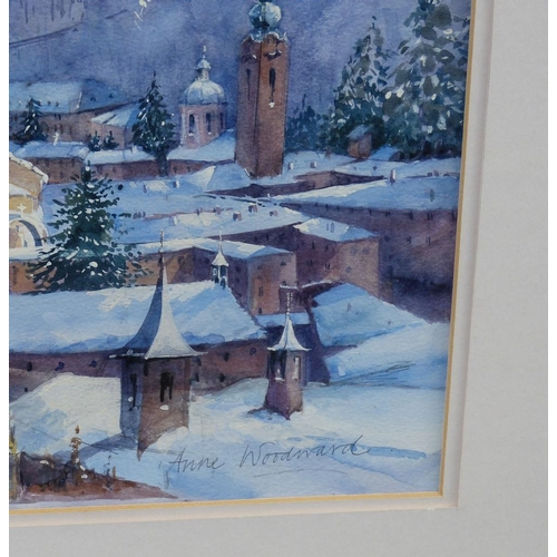 191 - Anne Woodward Watercolour depicting Eastern Town with winter landscape, signed, in gilt frame, 34cm ... 