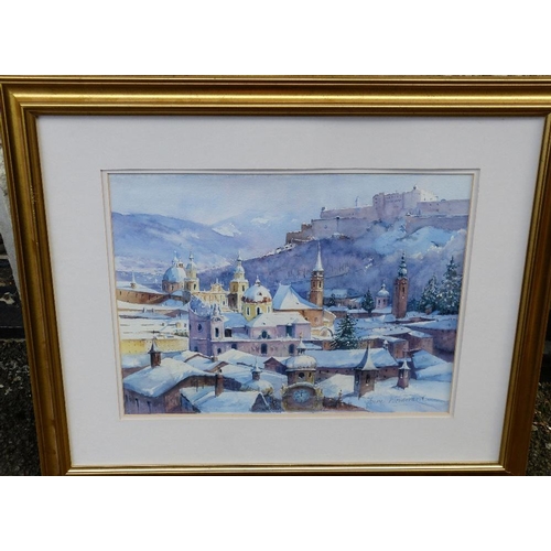 191 - Anne Woodward Watercolour depicting Eastern Town with winter landscape, signed, in gilt frame, 34cm ... 